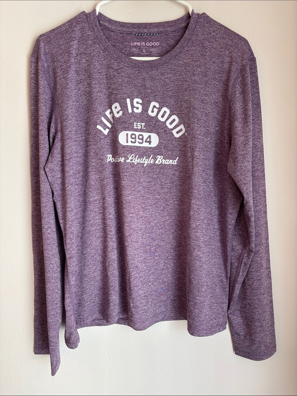Life Is Good active Heather Plum Long Sleeve Shirt wicking UPF 50 women’s LG NWT